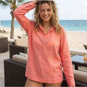 Tommy Bahama Size L Coral 100% Linen Long Sleeve Tunic Beach Cover-Up Relaxed
